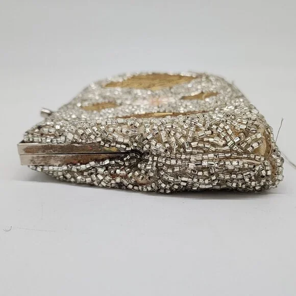 Vintage 1950's Silver Pearl Diamond Pattern Hand Beaded Evening Purse Clutch - Picture 9 of 12